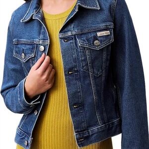 Calvin Klein Dark Wash Cropped Denim Jacket – Button Front Jean Jacket – Large